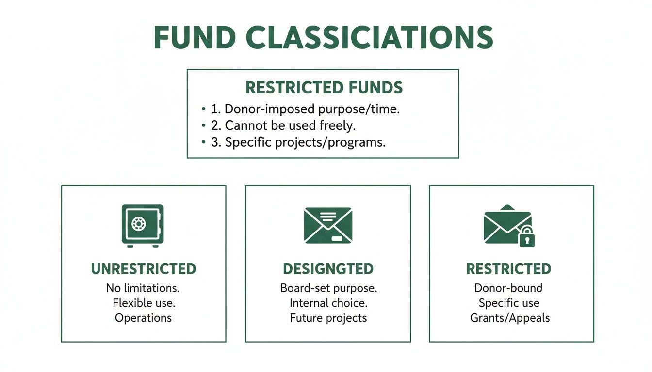 A diagram classifying fund types: restricted, unrestricted, and designated funds with descriptions.