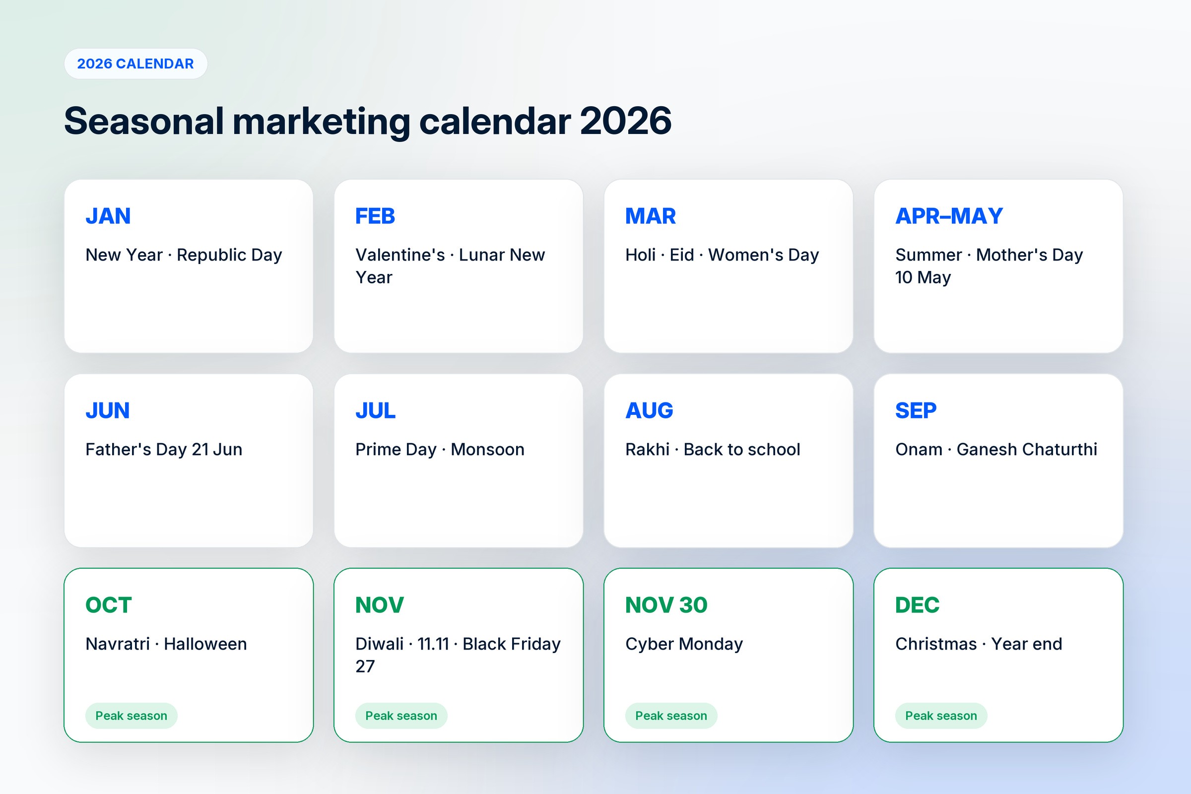 2026 seasonal marketing calendar by month, from New Year and Valentine's Day to Diwali, Black Friday, Cyber Monday and Christmas