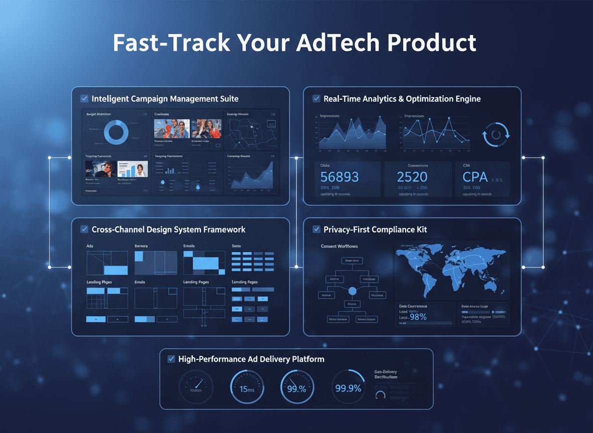 “AdTech product development workspace with designers and engineers building campaign management and analytics interfaces.”
