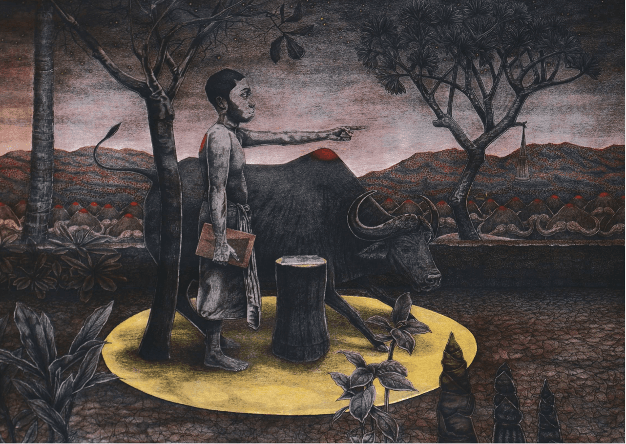 herd of sheep on road painting