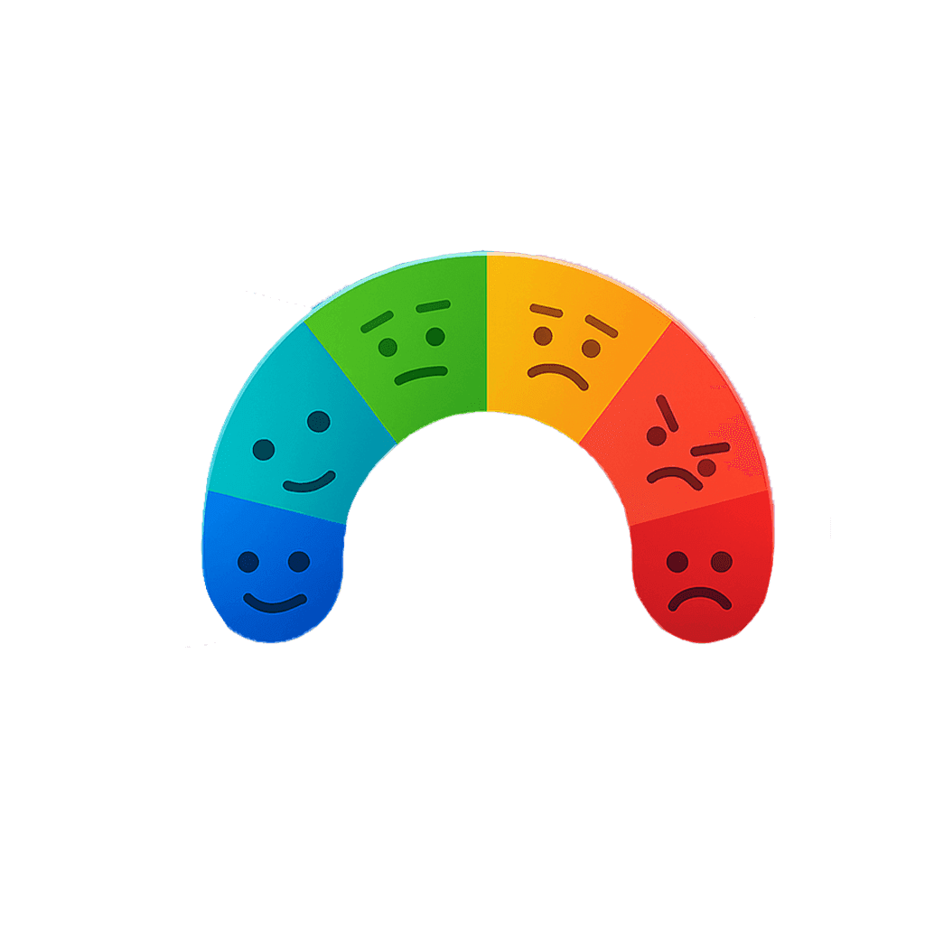 A colorful arc with faces showing a range of emotions from happy to sad, indicating emotional states.