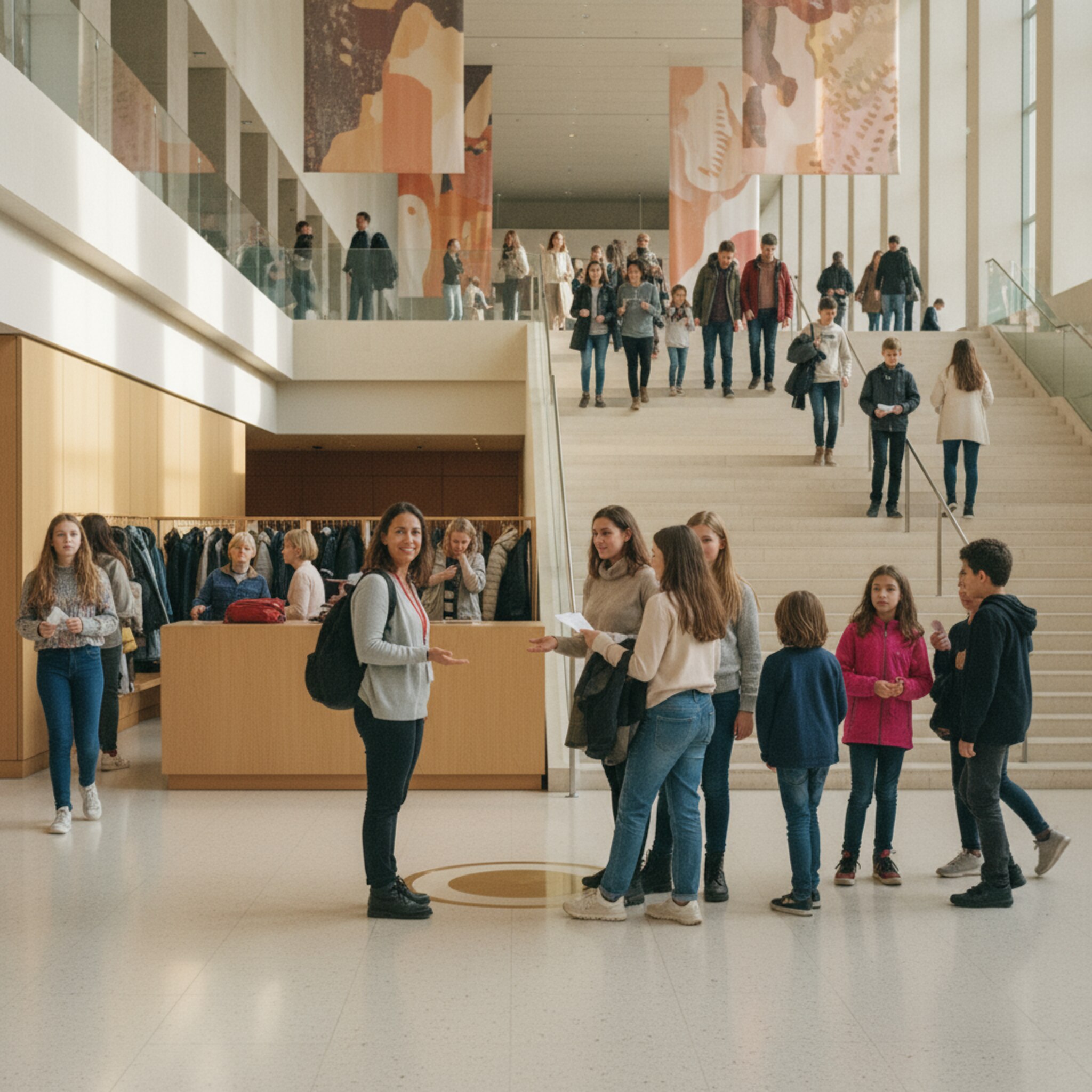 Ein helles Museumfoyer im Morgenlicht, breite Stufen führen zu einer imposanten Ausstellungshalle. Familien und Schulklassen treffen nacheinander ein, Jacken werden an der Garderobe abgegeben. Ein Guide begrüßt eine Gruppe freundlich und deutet auf den Startpunkt. Die Atmosphäre wirkt ruhig, geordnet und erwartungsfroh.