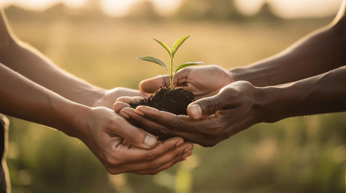 The image depicts two pairs of hands gently passing a small plant seedling, symbolizing the themes of legacy and generosity. This act reflects the principles of charitable remainder trusts, where individuals can create a lasting impact through charitable donations while securing an income stream for themselves and their beneficiaries.