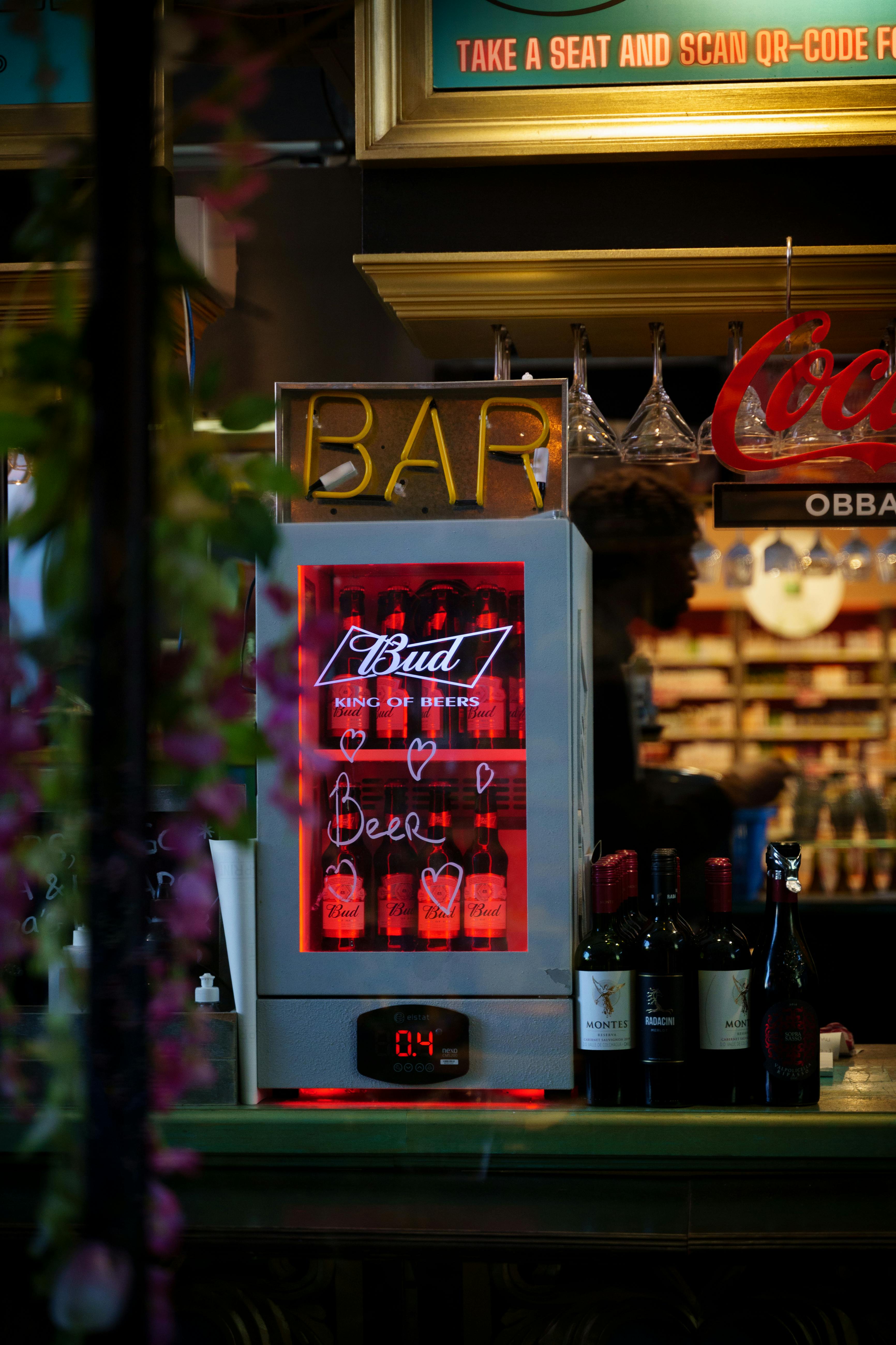 a bar with a mini fridge