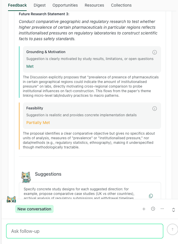 thesify future research feedback showing grounding and feasibility checks for proposed studies