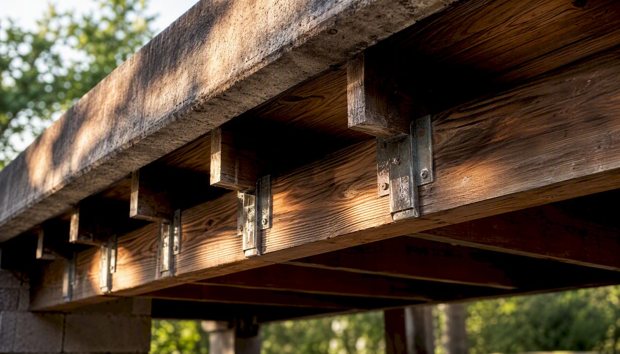 Deck joists with metal reinforcement under heavy countertop