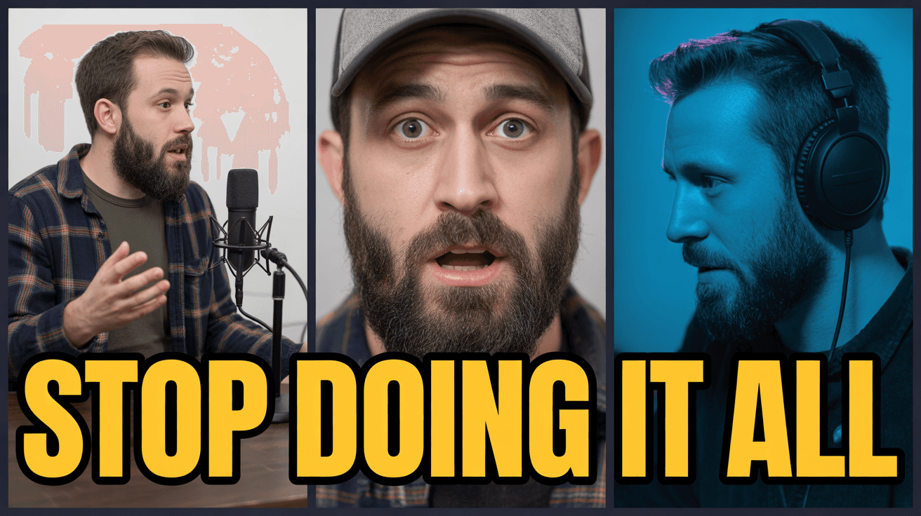 Alex Hormozi-style focus thumbnail with three persona panels and Stop Doing It All headline