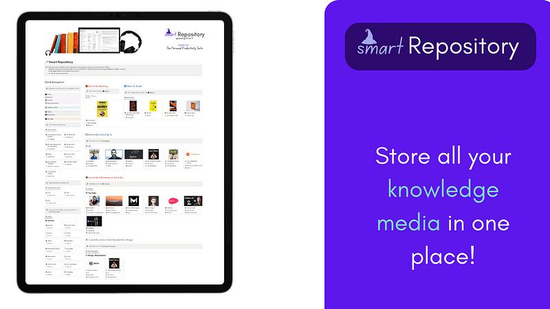 Smart Repository Notion Template internals, showing a Notion template with a book library, podcast library and libraries for YouTube channels and newsletters.