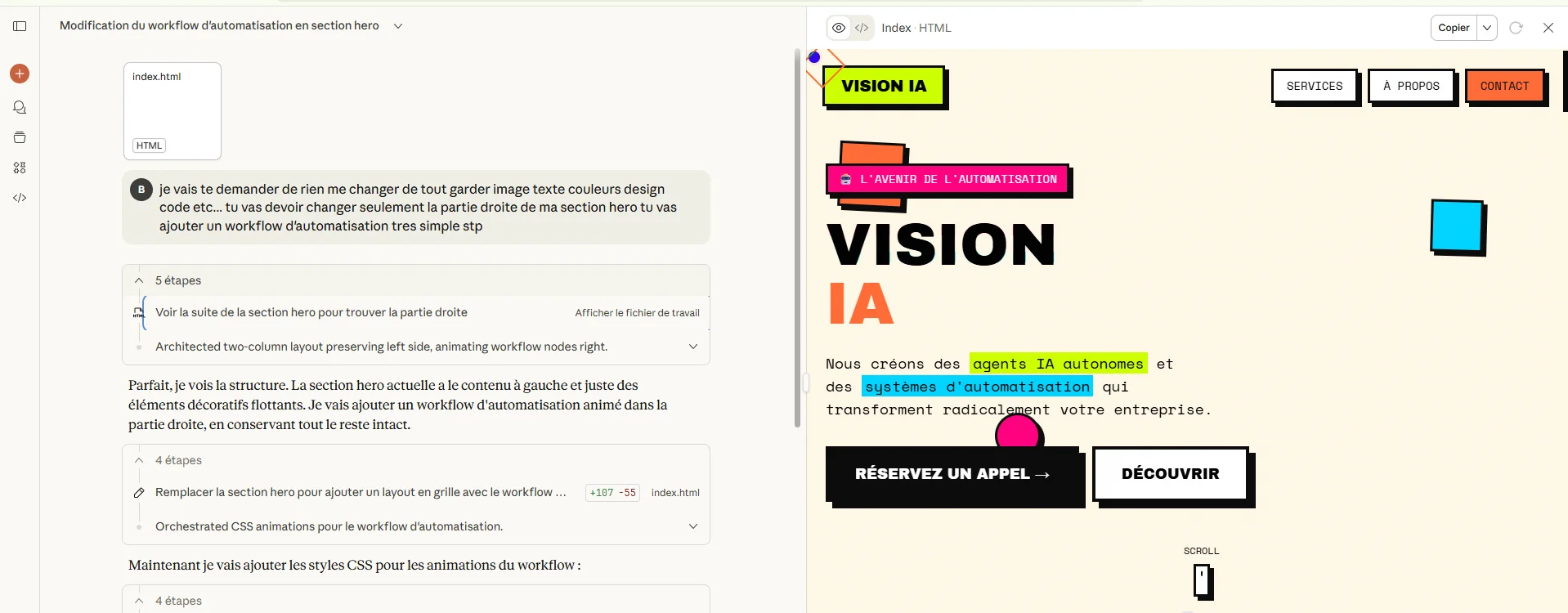 Aperçu du site portfolio généré automatiquement par Claude Opus 4.5 en un seul prompt.