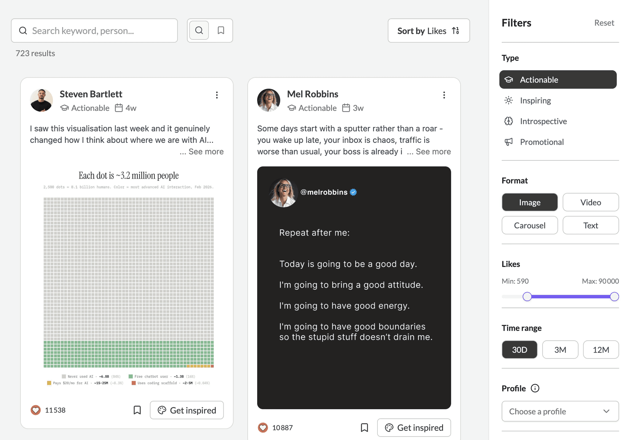 MagicPost's inspiration library, displaying two posts for the user to reference alongside filters for type, format, number of likes, time range, and profile