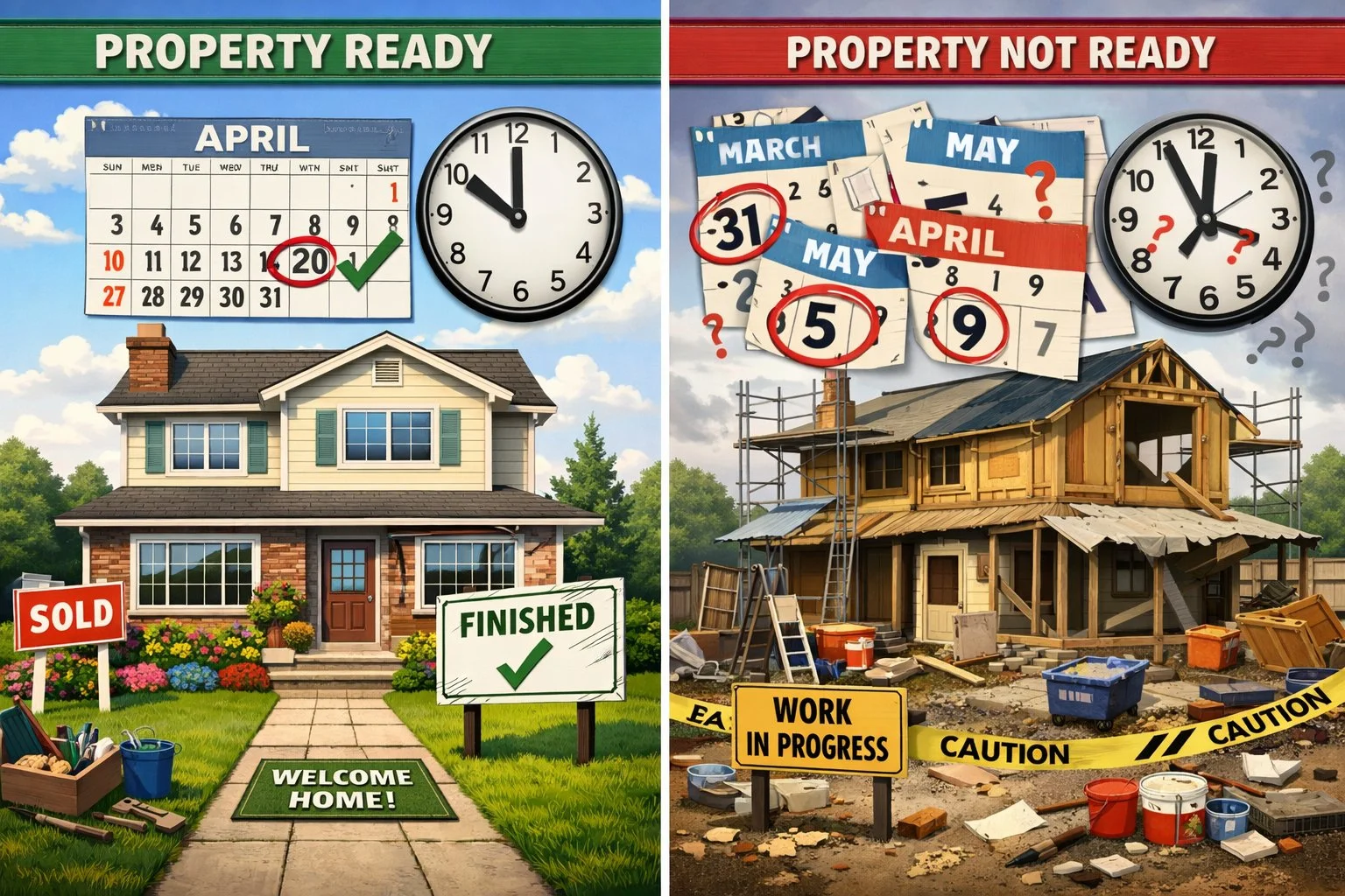 Illustration showing confusion over a placed-in-service date, with a calendar and visuals contrasting a completed property versus an unfinished one.