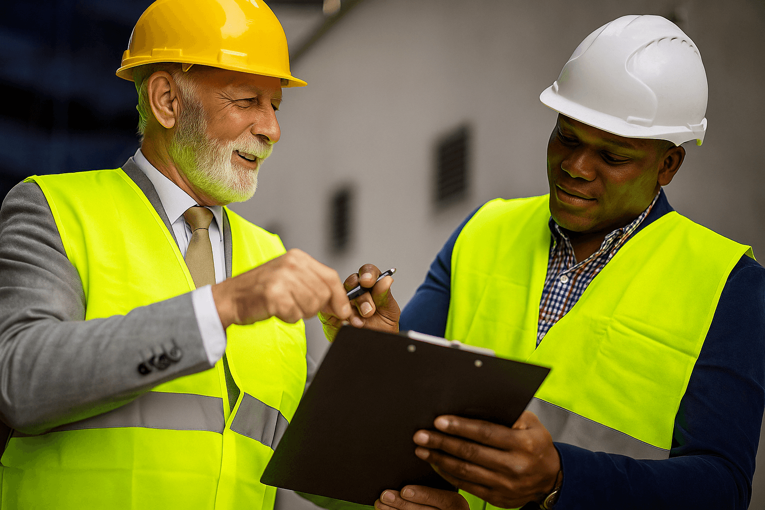 Deux hommes portant des casques de chantier et des gilets réfléchissants discutent sur un bloc-notes sur un chantier de construction. Ils sont souriants, signe d'un travail d'équipe et de collaboration.