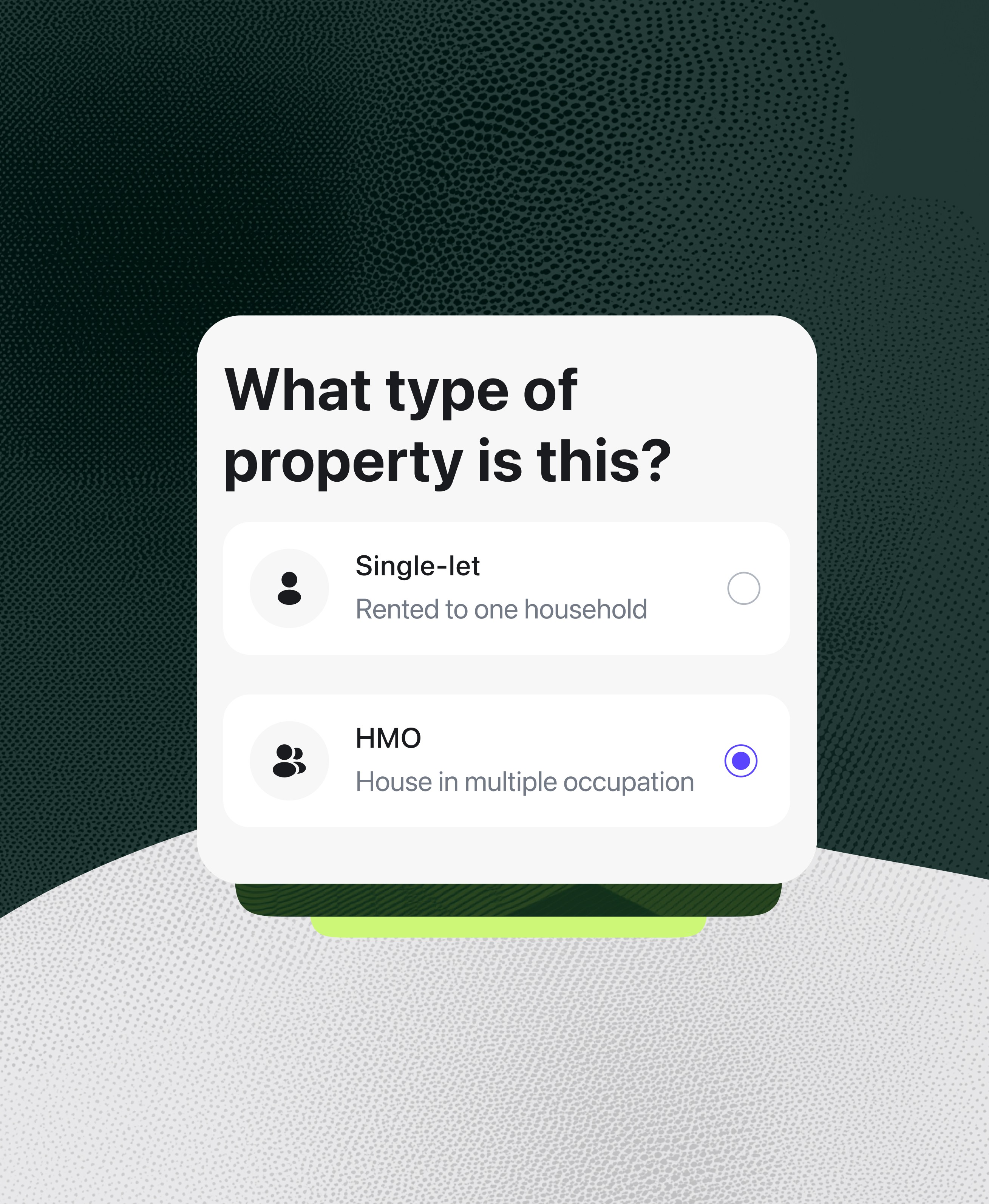 HMO property management setup in August app showing property type selection between single-let and HMO for UK landlords