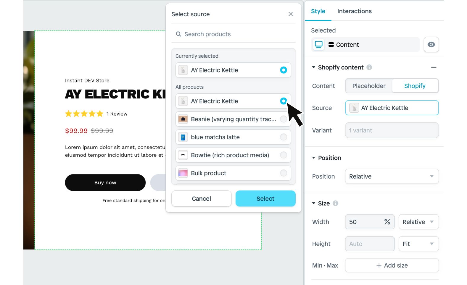 instant okendo integration screenshot how to select a product