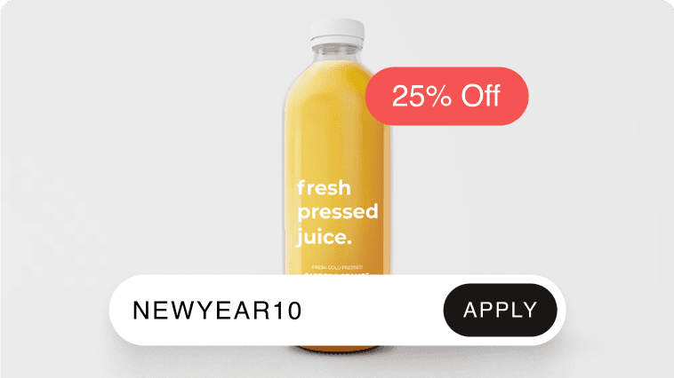 A promotional graphic for orange juice featuring a yellow bottle with a red "25% Off" tag and a coupon code field containing "NEWYEAR10" with an "APPLY" button.