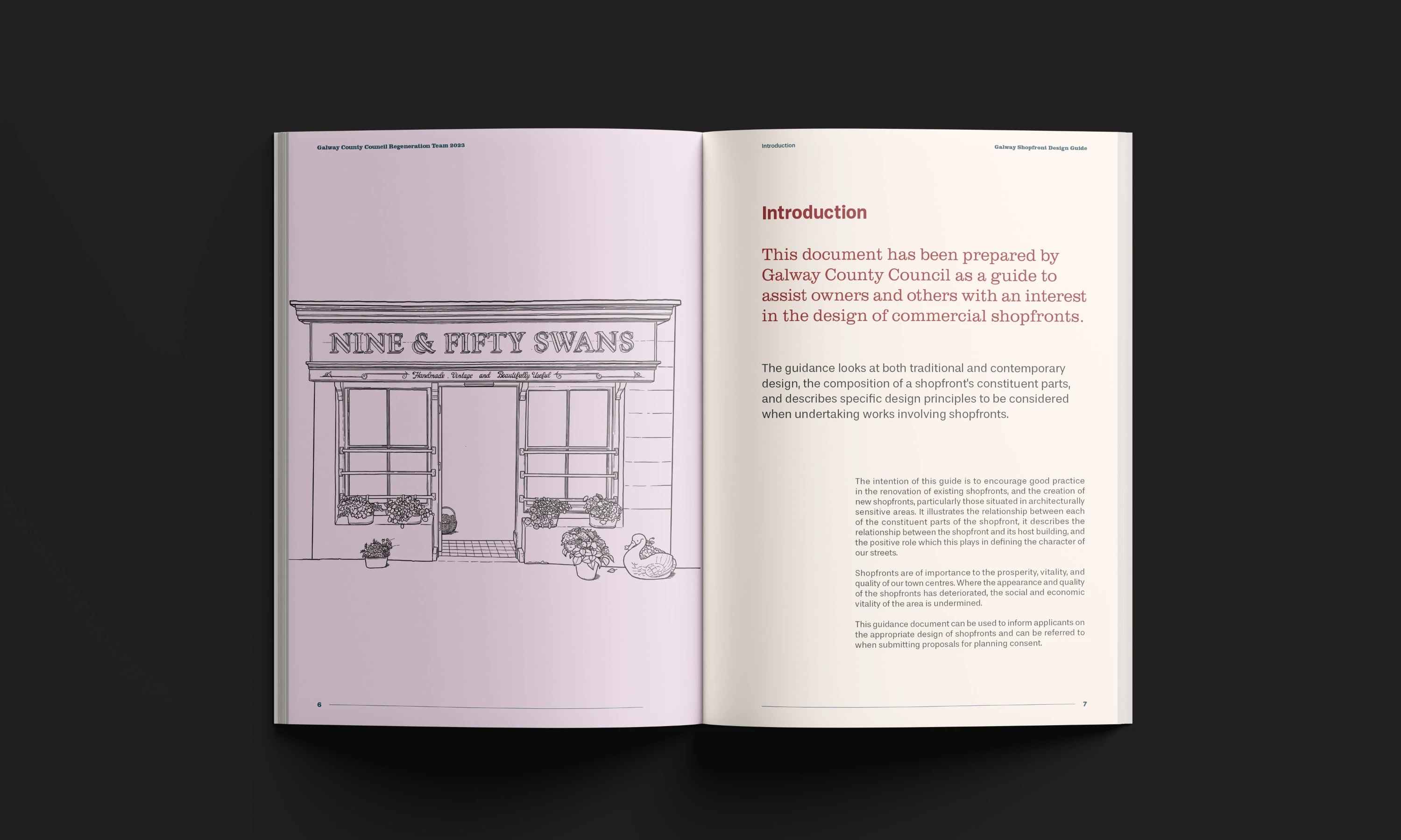 double page spread showing a line illustration of a traditional shopfront, along with a introduction page to the guide