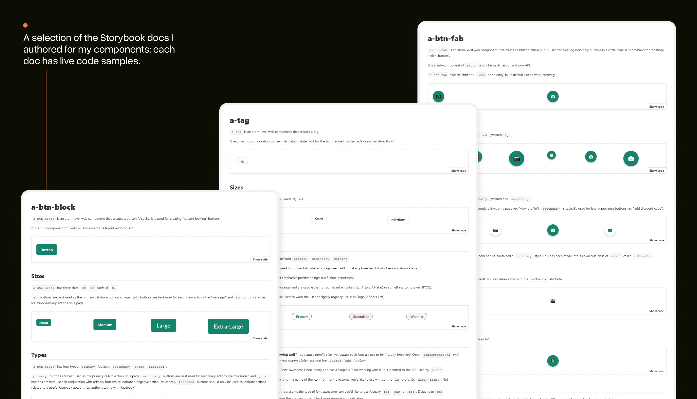 A collage of photos of the documentation that was written for each component using a tool called storybook.