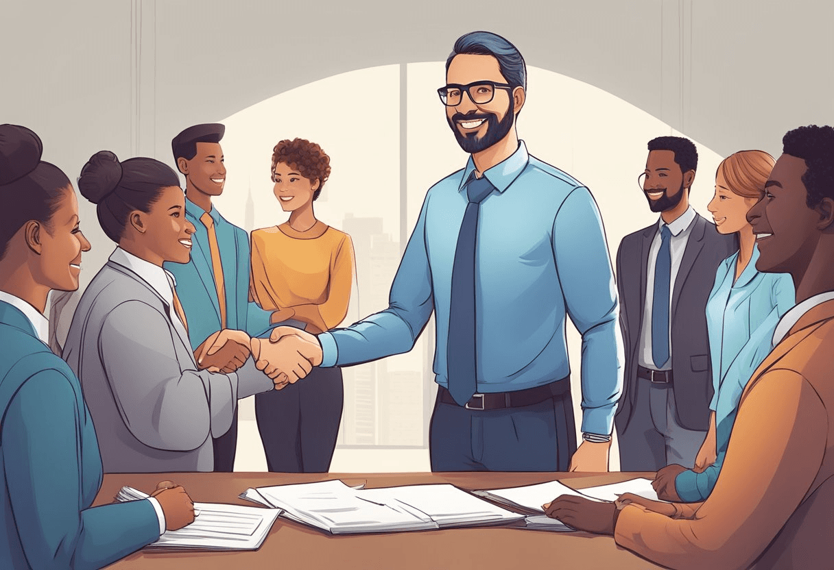 An HR representative extends a welcoming hand towards a diverse group of job seekers, symbolizing a bridge of connection and understanding