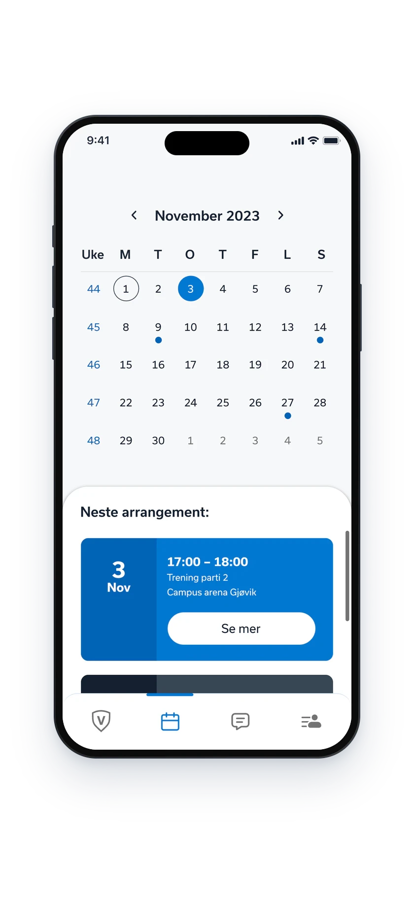 Vardal prototype on a phone: the November 2023 training calendar with 3 November selected and the next session, 17:00–18:00 Trening parti 2 at Campus arena Gjøvik, with a Se mer button.