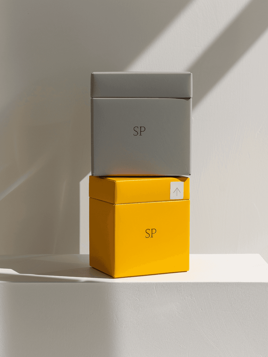 Minimalist design of two stacked boxes, one in sleek gray and the other in vibrant yellow, with branding initials 'SP,' illuminated by soft natural light.