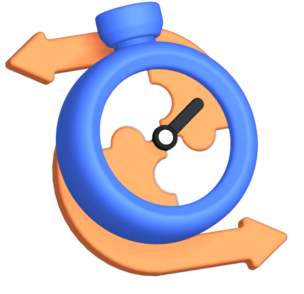 3D stopwatch with blue casing and orange clock hands.