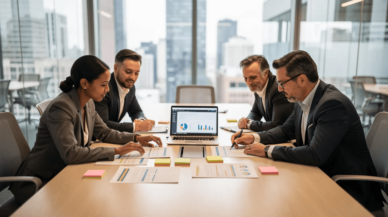 A small group of professionals is gathered around a conference table, actively reviewing documents with a laptop open, likely discussing potential investment opportunities in innovative startups. Their collaboration may involve due diligence and assessing early stage companies for angel investments, reflecting the crucial role of experienced investors in supporting the growth of these ventures.