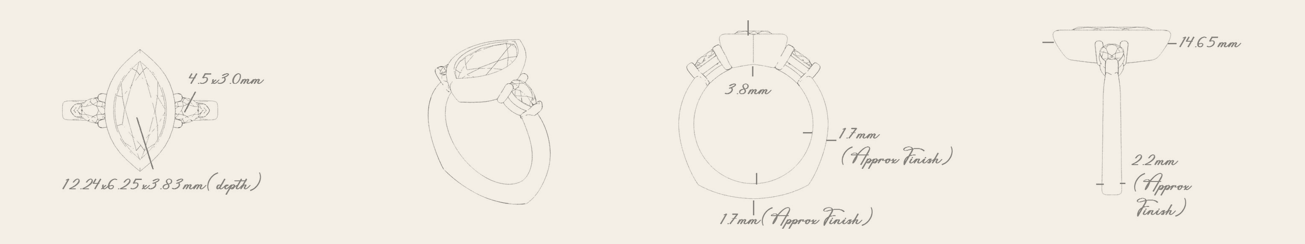 CAD line drawings of a marquise-stone three-stone ring, with dimensions