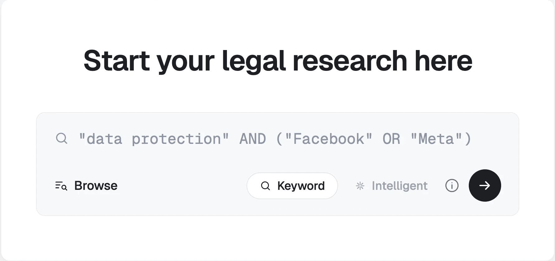 Moonlit search bar with a Boolean keyword query and the Keyword and Intelligent search modes