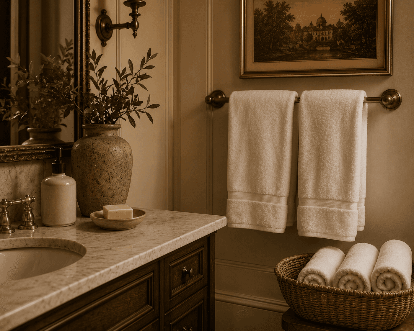 An elegant bathroom vanity featuring a marble countertop over a dark wood cabinet with brass fixtures. On the counter sits a ceramic soap dispenser, a small dish with bar soap, and a stone vase filled with green leafy branches. Two plush white towels hang from a brass towel bar beneath framed artwork, while a woven basket containing rolled white hand towels rests nearby.