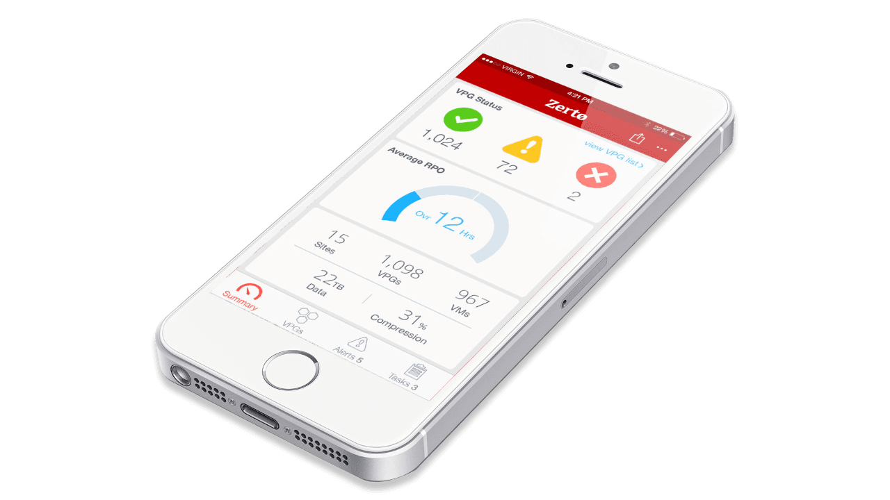 Zerto mobile app iOS version on iPhone