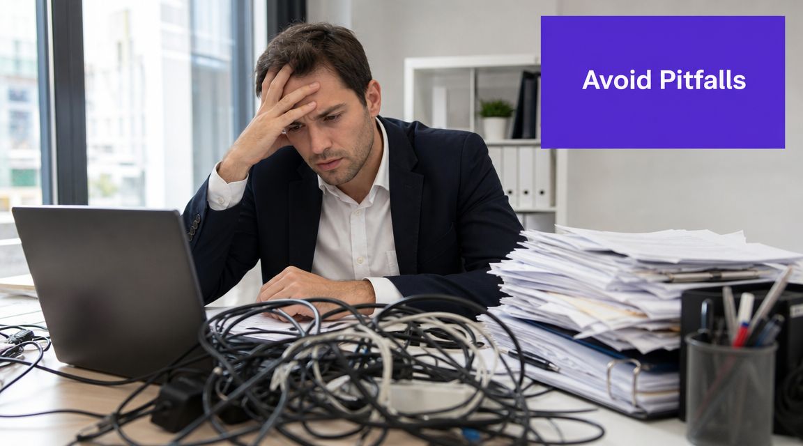A stressed businessman looking at his laptop computer sitting at a messy desk with tangled computer cables.