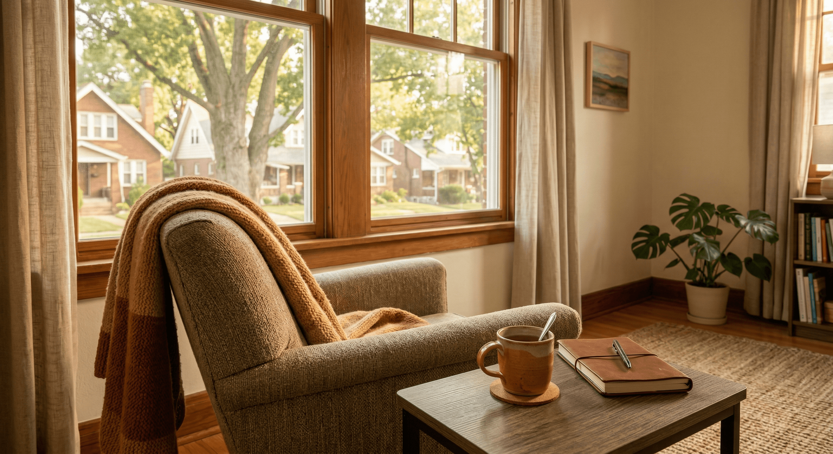 Quiet, sunlit room with an armchair, blanket, and tea representing a safe home environment for someone with PTSD