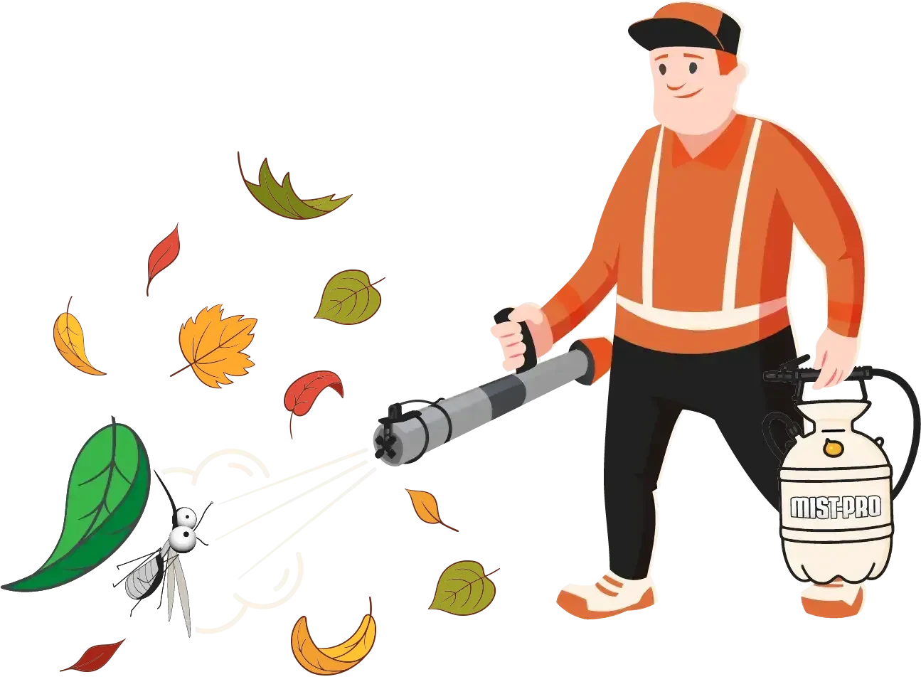 Illustration of a smiling worker using a Mist-Pro sprayer to target a mosquito among colorful autumn leaves, set against an orange background.