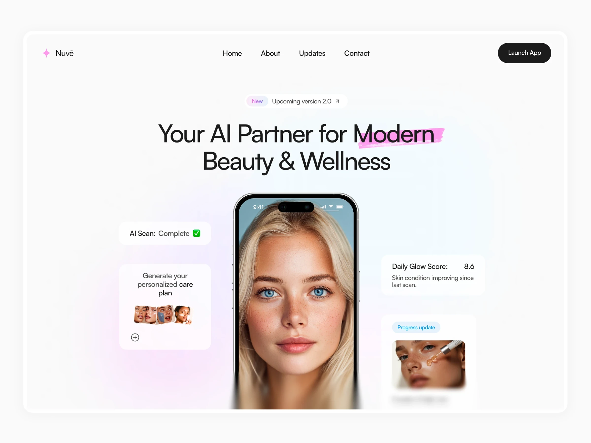 Nuvē AI beauty and wellness landing page with skincare app UI and personalized routines.