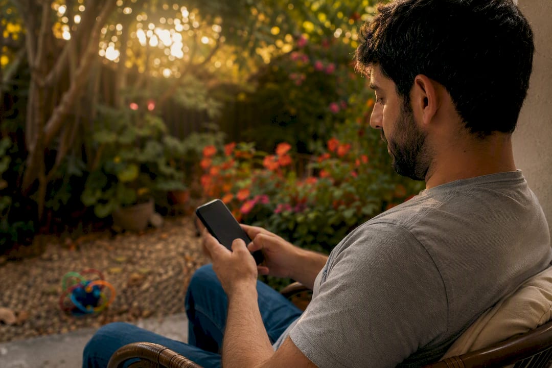 Manos del cuidador sosteniendo un teléfono móvil para grabar