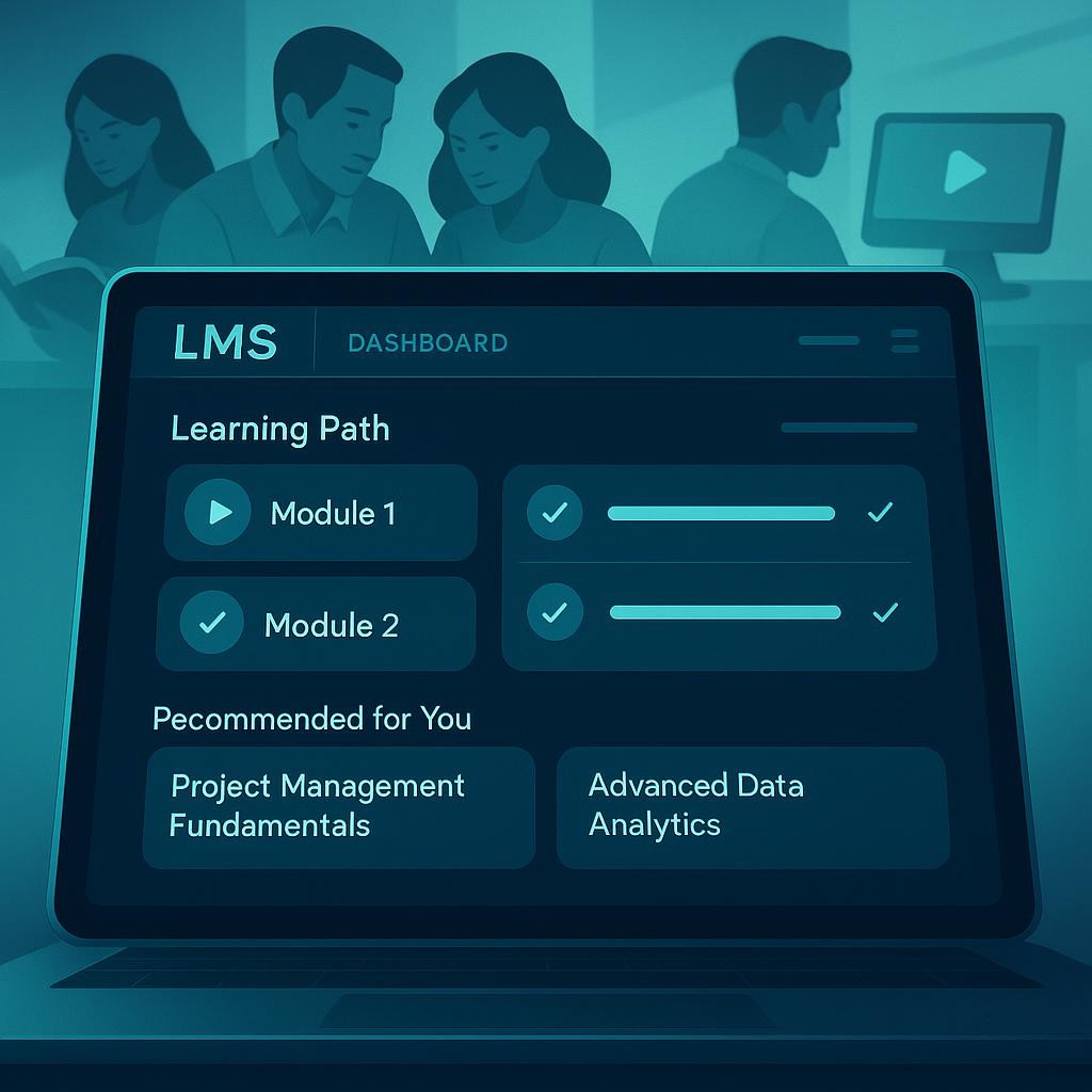 A sleek, futuristic illustration of a Learning Management System (LMS) interface displayed on a tablet or laptop screen, with multiple dynamic elements. The interface clearly shows a personalized learning path with modules, progress bars, and recommended courses relevant to career advancement (e.g., 'Project Management Fundamentals', 'Advanced Data Analytics'). Surrounding the device, subtly blurred in the background, are diverse employees engaged in learning activities – one reading, another collaborating, another watching a video. The style should be professional, tech-focused, with a clean design and digital blue/green hues. The purpose is to visually represent how an LMS acts as a central, personalized hub for career development and skill acquisition, directly enabling internal mobility.