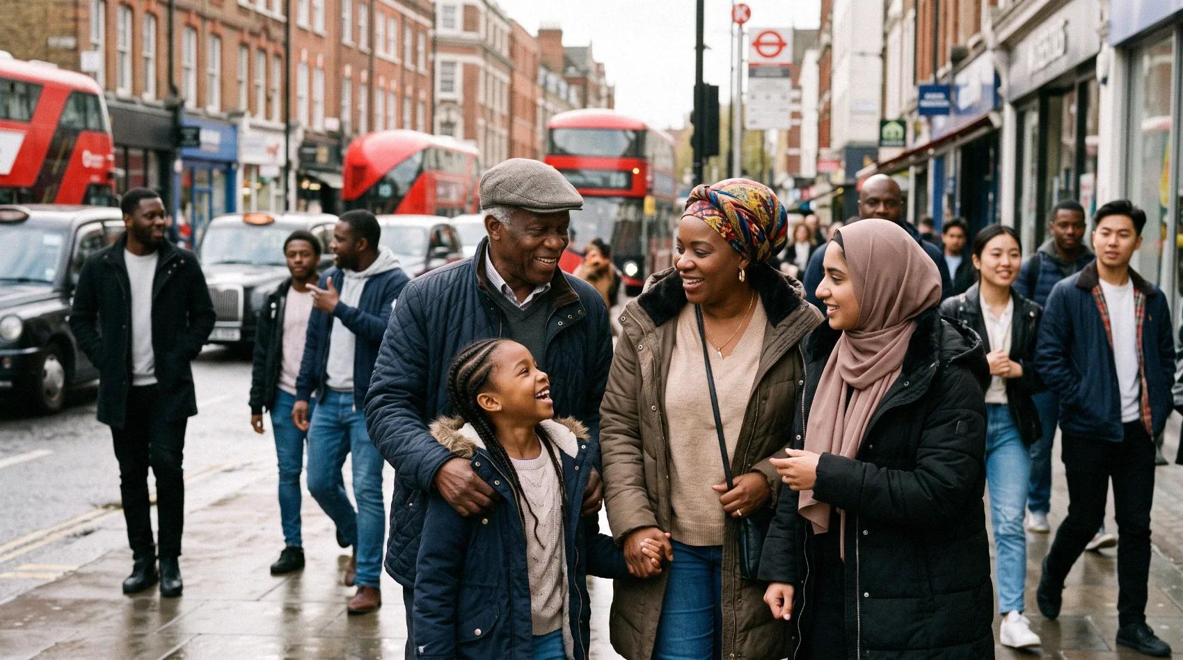 Multicultural family walking together on busy London high street with red double-decker buses - UK diverse population growth