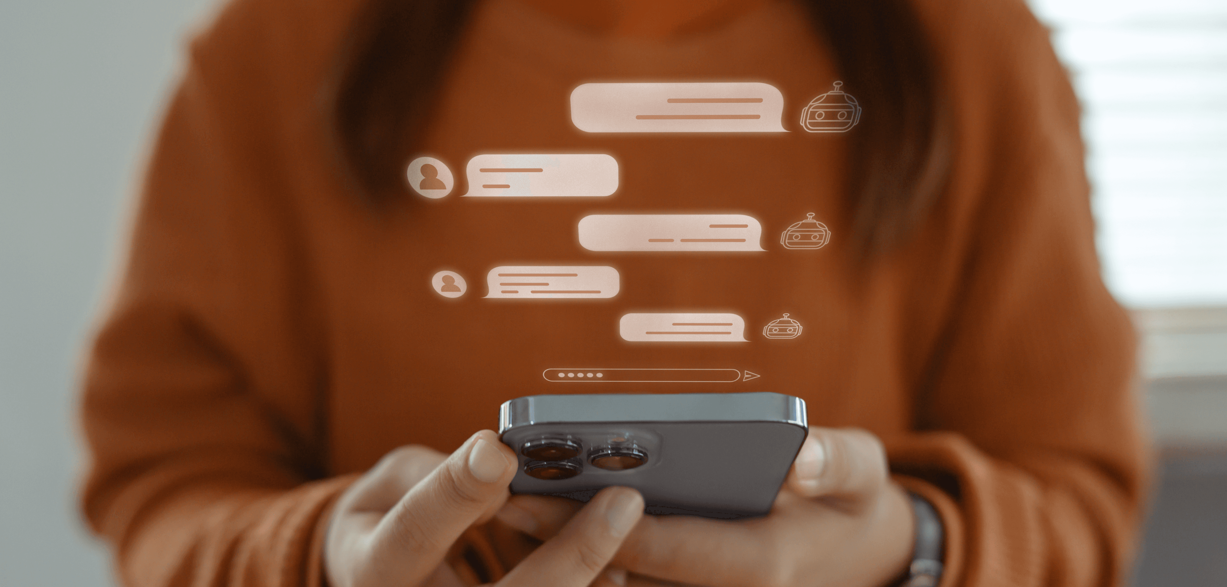 Person holding a phone with transparent chat floating above