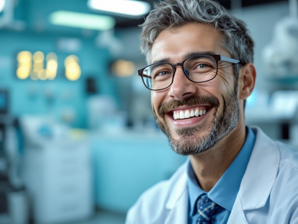 A smiling doctor in a lab coat