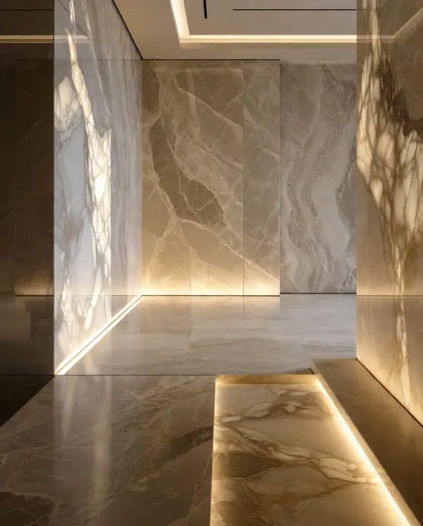 Μεγάλα πλακάκια marble σε τοίχο με κρυφό φωτισμό σε luxury εσωτερικό χώρο minimal αρχιτεκτονικής