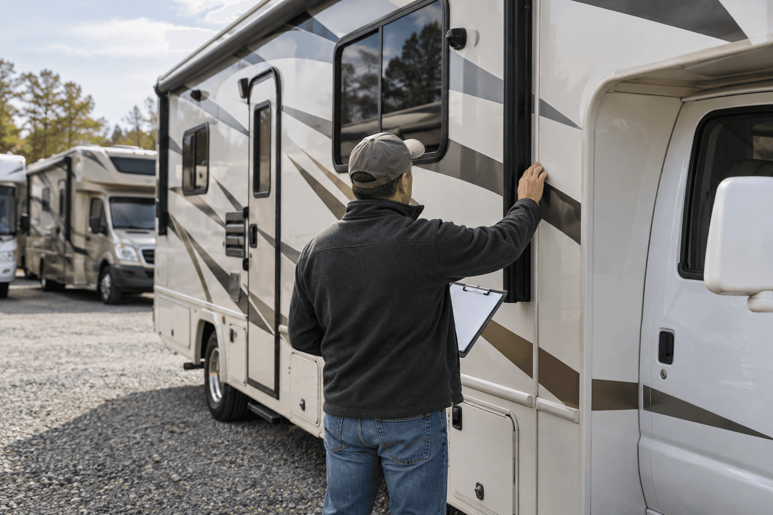 A person checks the exterior of a motorhome with a plain clipboard.