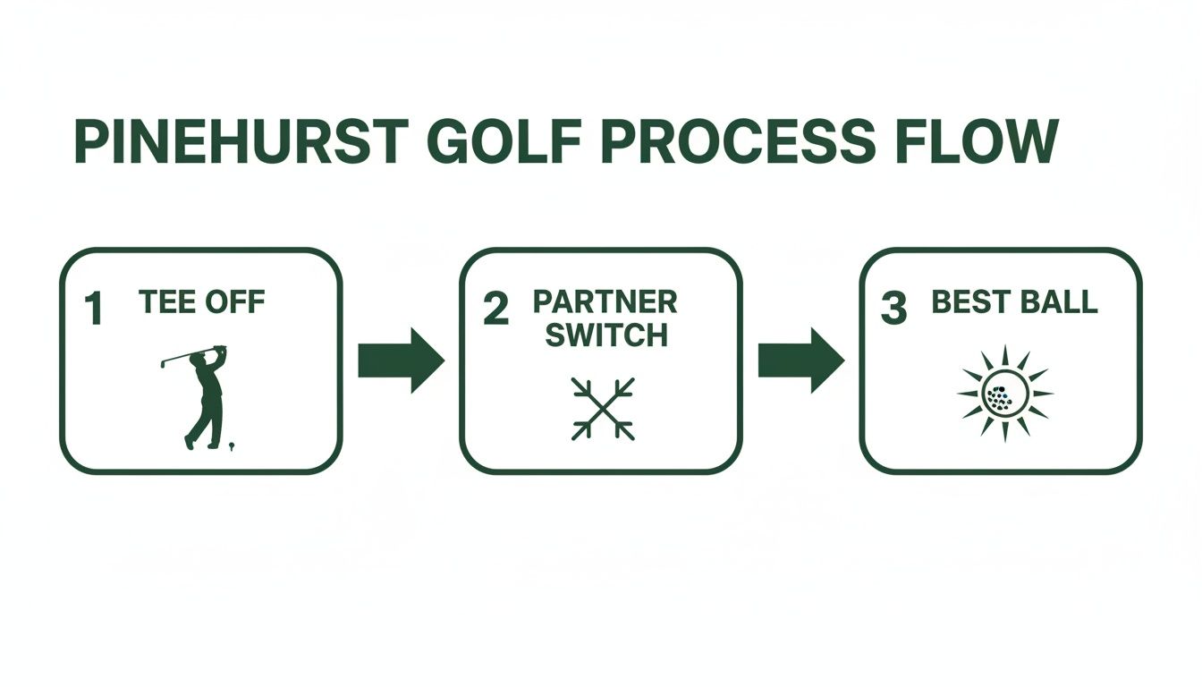 Pinehurst golf process flow diagram illustrating three steps: Tee Off, Partner Switch, and Best Ball.