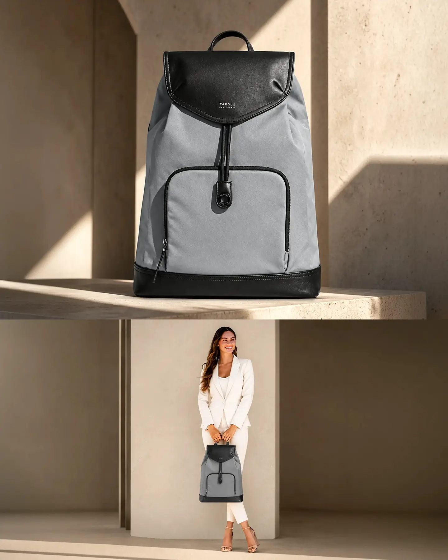 Gray and black Newport backpack in a warm architectural setting. Woman carrying a black Newport backpack in a modern architectural environment.