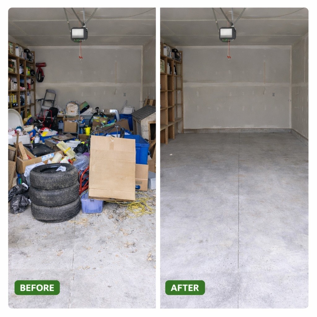 Before and after of a messy garage, now fully cleared out