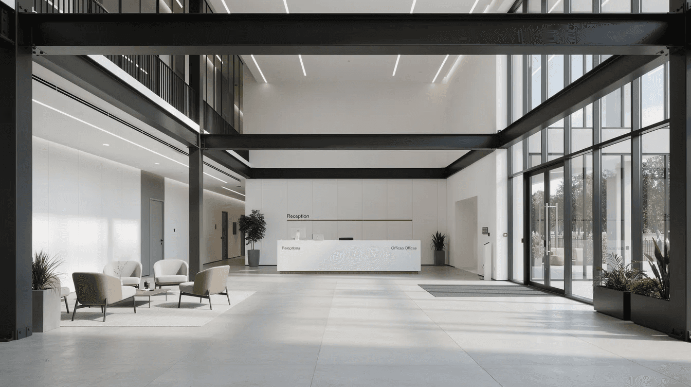 The image depicts a modern commercial building interior featuring exposed steel beams and clean architectural lines, emphasizing the structural integrity of the space. The use of passive fire protection methods, such as intumescent coatings on the steel elements, enhances fire safety while maintaining an aesthetic appearance suitable for indoor environments.