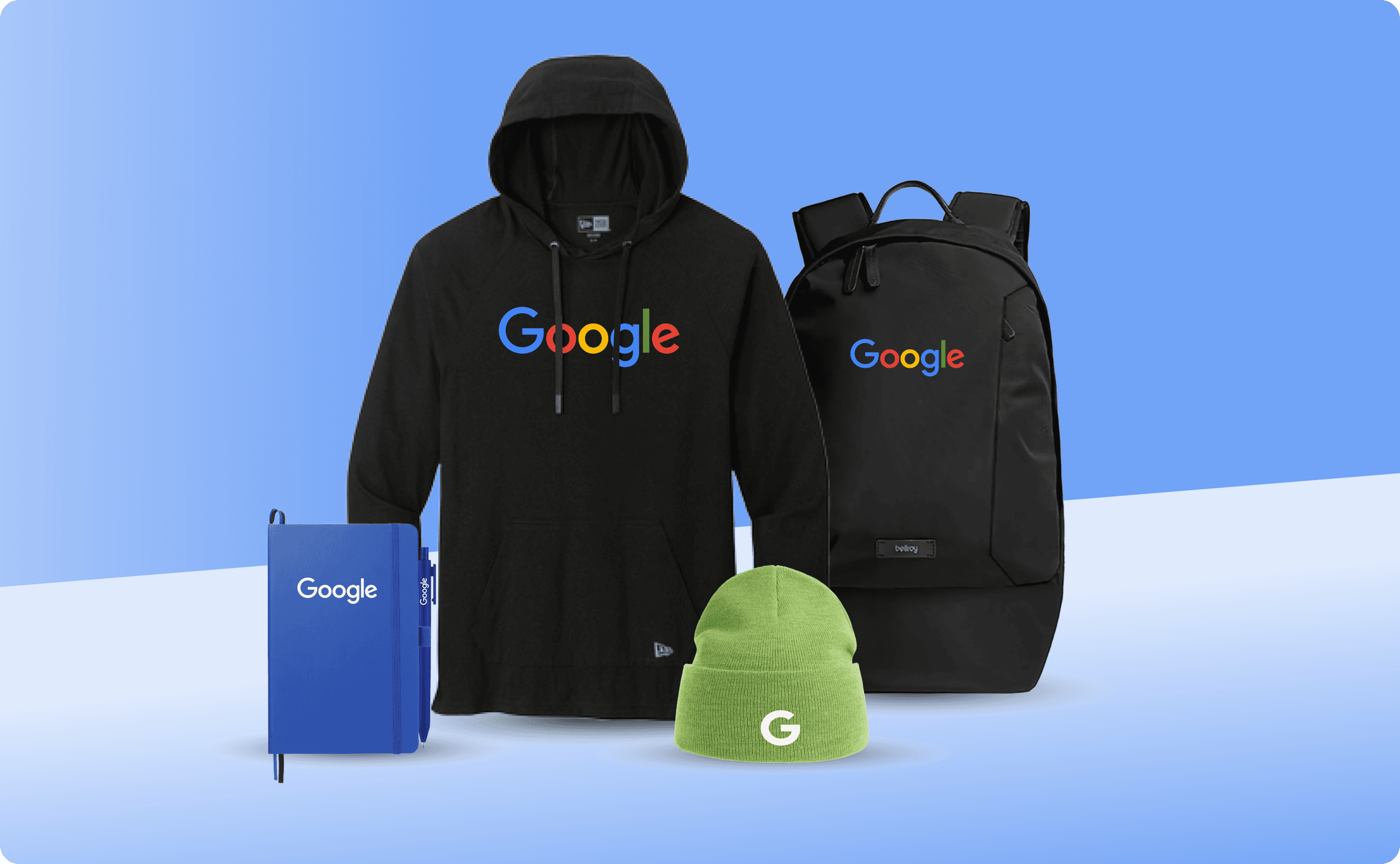 Google new hire swag consisting of a hoodie, a notebook, a backpack, and a beanie.