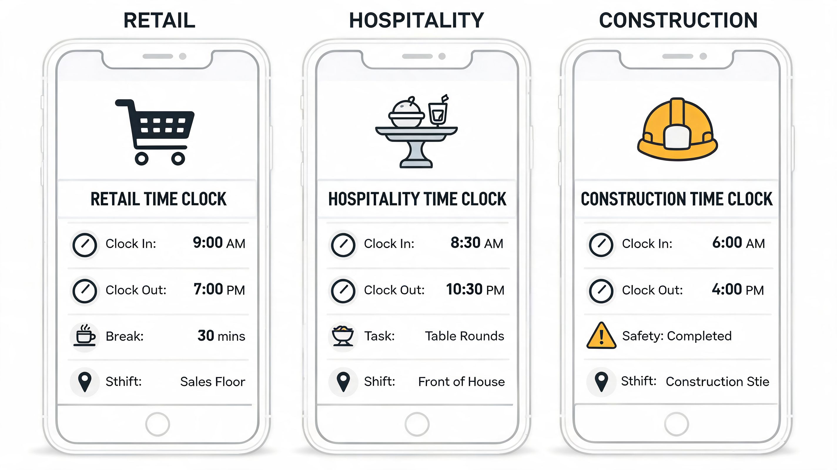 Three smartphone screens displaying mobile time clock app interfaces for retail, hospitality, and construction industry staff tracking.
