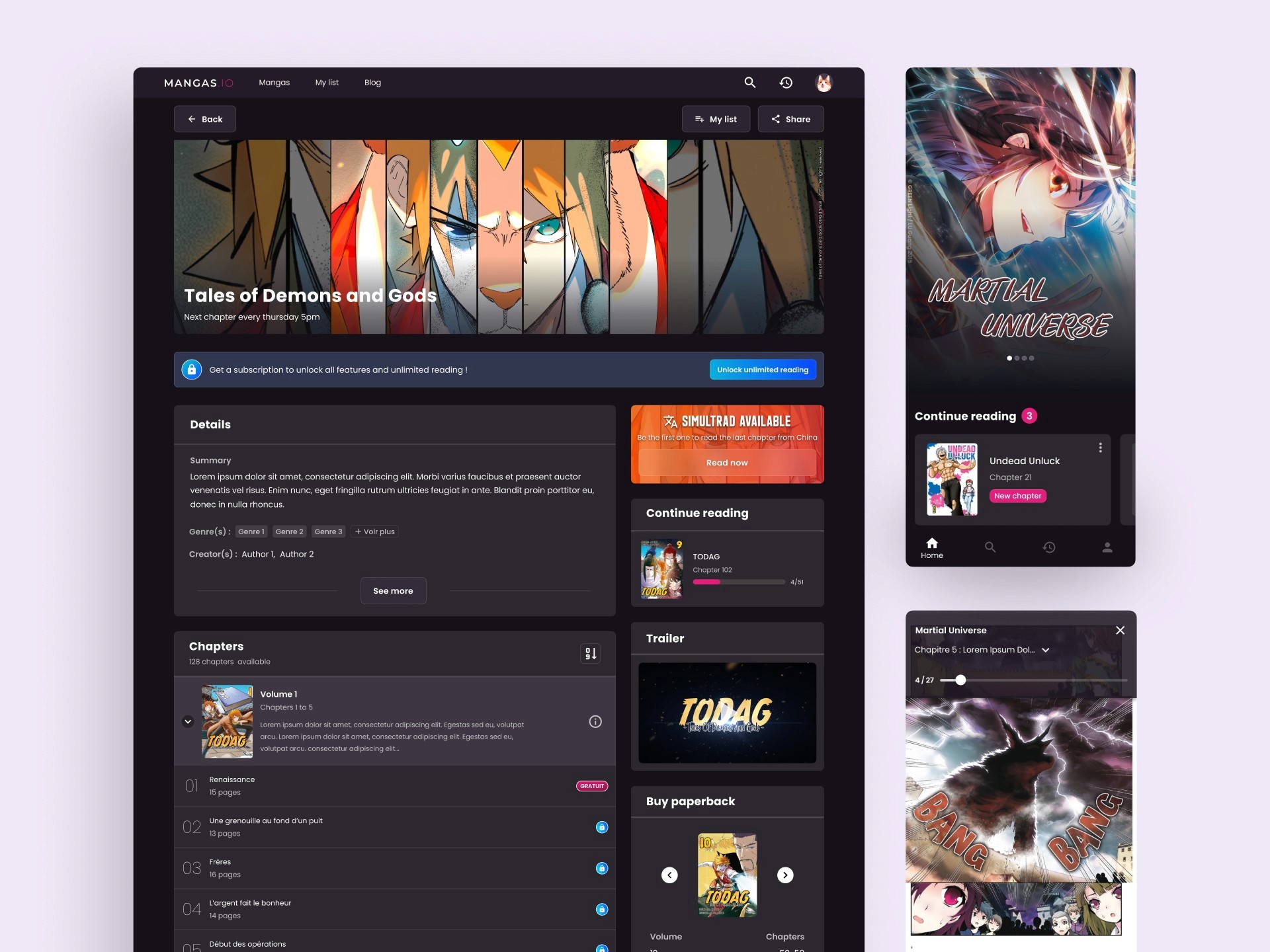 UI elements of Mangas.io desktop and mobile app