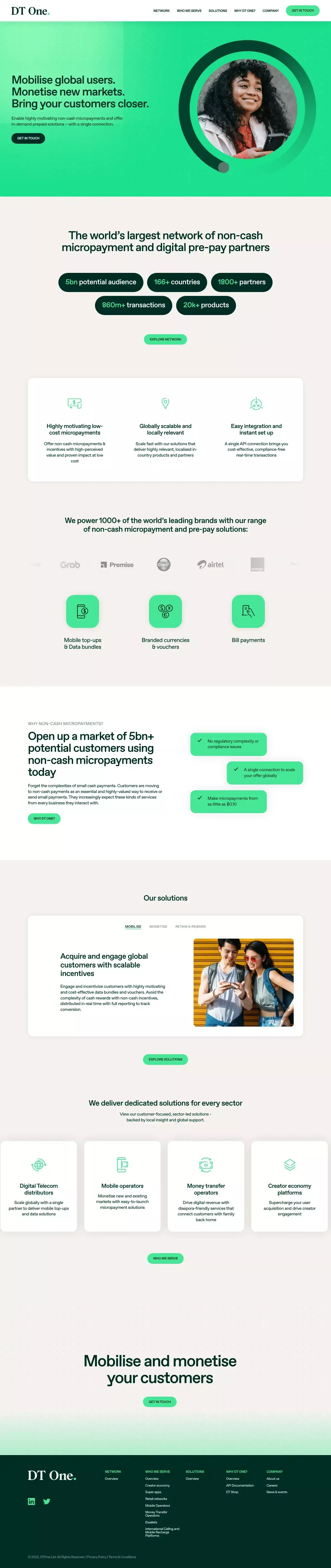 DT One landing page screenshot showcasing Tech and Finance design