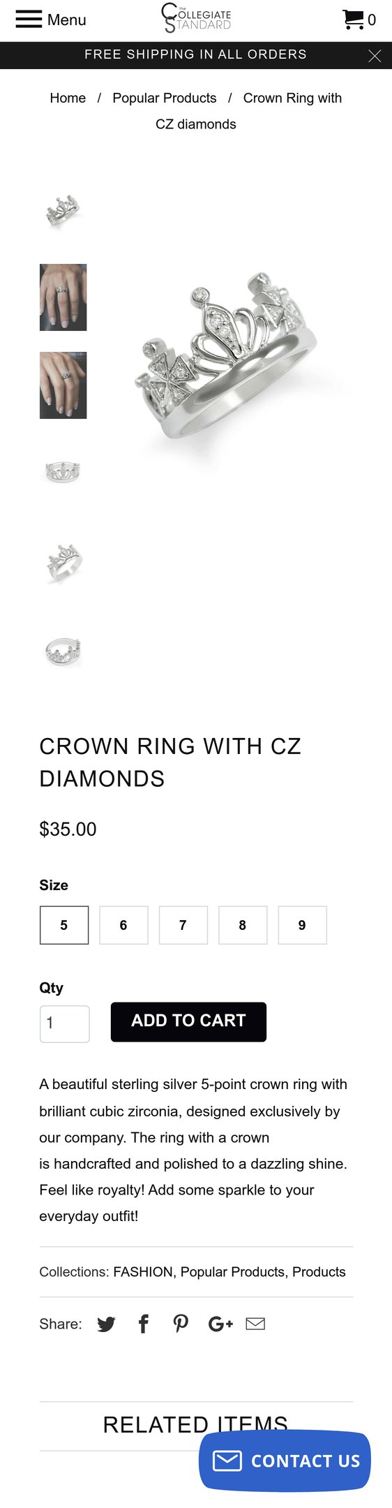 Jewelry product options include: ring for Crown Ring with CZ diamonds from The Collegiate Standard.